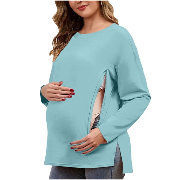successthop Nursing Shirts for Breastfeeding Long Sleeve Crewneck Side Hidden Zip Tunic Split Hem Solid Maternity Tops S