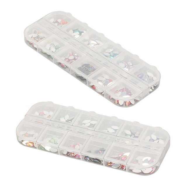 2 cajas de diamantes de imitación para uñas con parte trasera plana, surtidos, colores brillantes, piedras brillantes muy utilizadas para manicura y maquillaje.
