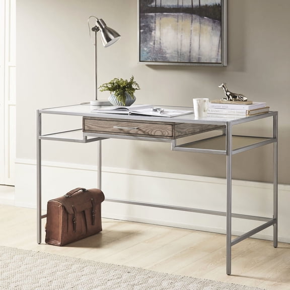 Silver metal writing desk with tempered glass top for writing tasks at home