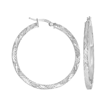 925 Sterling Silver Womens Diamond-Cut Patterned Square Tube Hoop Earrings