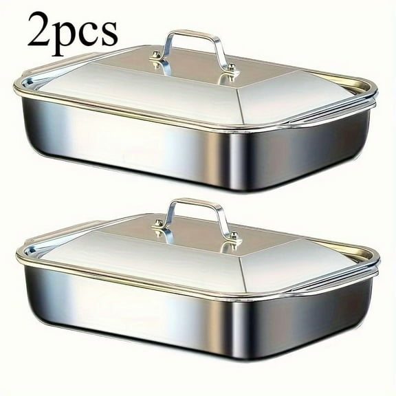 2-Pack 16.14" (41cm) 4.2L Stainless Steel Baking Trays (Non-Stick/Lids), Oven/Grill - Christmas Cooking Set