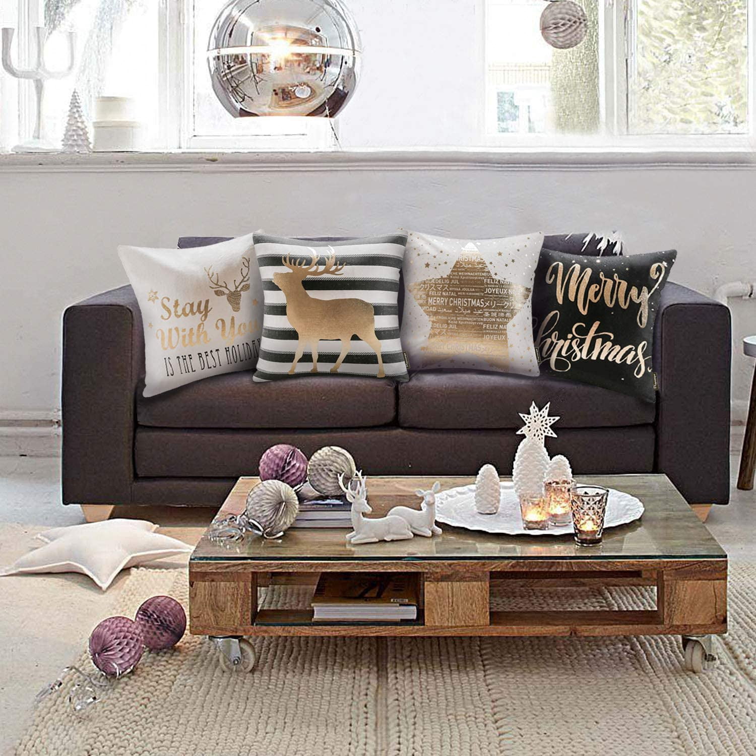 Phantoscope Christmas Holiday Series Golden Printed Letters Star and Elk Decorative Throw Pillow Cover,Black and White,18" x 18", Set of 4