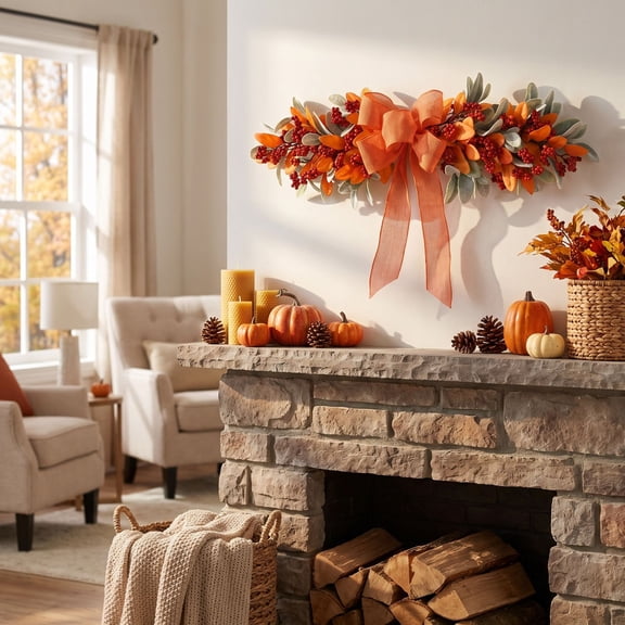 Orange Faux‑Leaf Berry Fall Front‑Door Wreath, flexible autumn hanging ornament for porch, entryway and Thanksgiving home styling