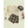 thumbnail image 3 of Nygoyerh Toddler Girl Fall Outfits 12M 18M 24M 2T 3T 4T 5T Solid Color Bodysuits Ribbed Knit Skirt sets Ruffles Crew Neck Long Sleeve Tops + Plaid Skirts + Hat 3Pcs Baby Clothing, 3 of 7