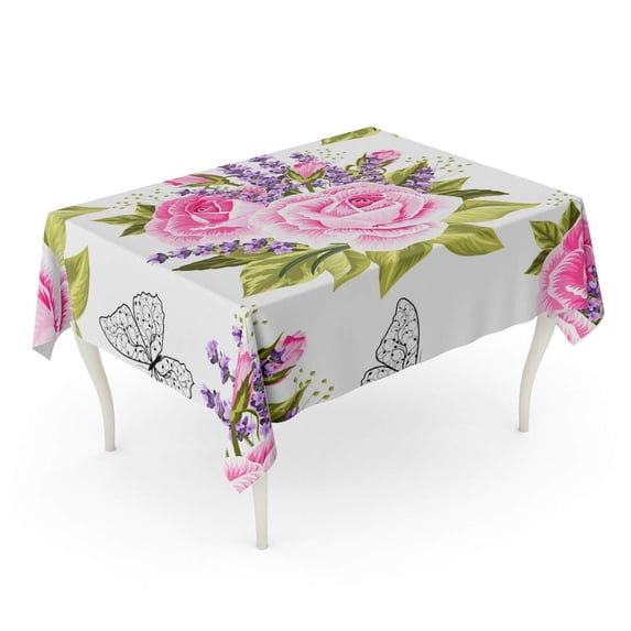LADDKE Colorful Floral Pattern Pink Roses and Butterflies on Green Tablecloth Table Desk Cover Home Party Decor 60x120 inch