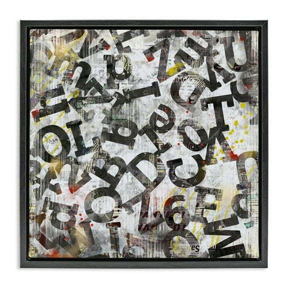 Stupell Industries Collaged Typography Letters Abstract Painting Black Floater Framed Canvas Art Print Wall Art, 18 x 18