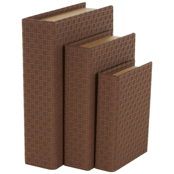 DecMode Woven Grid Faux Book Storage Brown Faux Leather Decorative Box, 3 Count