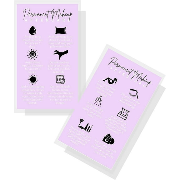 Permanent Makeup Aftercare Instructions Card  50 Pack  2x3.5" inches Business Card Size  PMU Lavender Purple Card Design