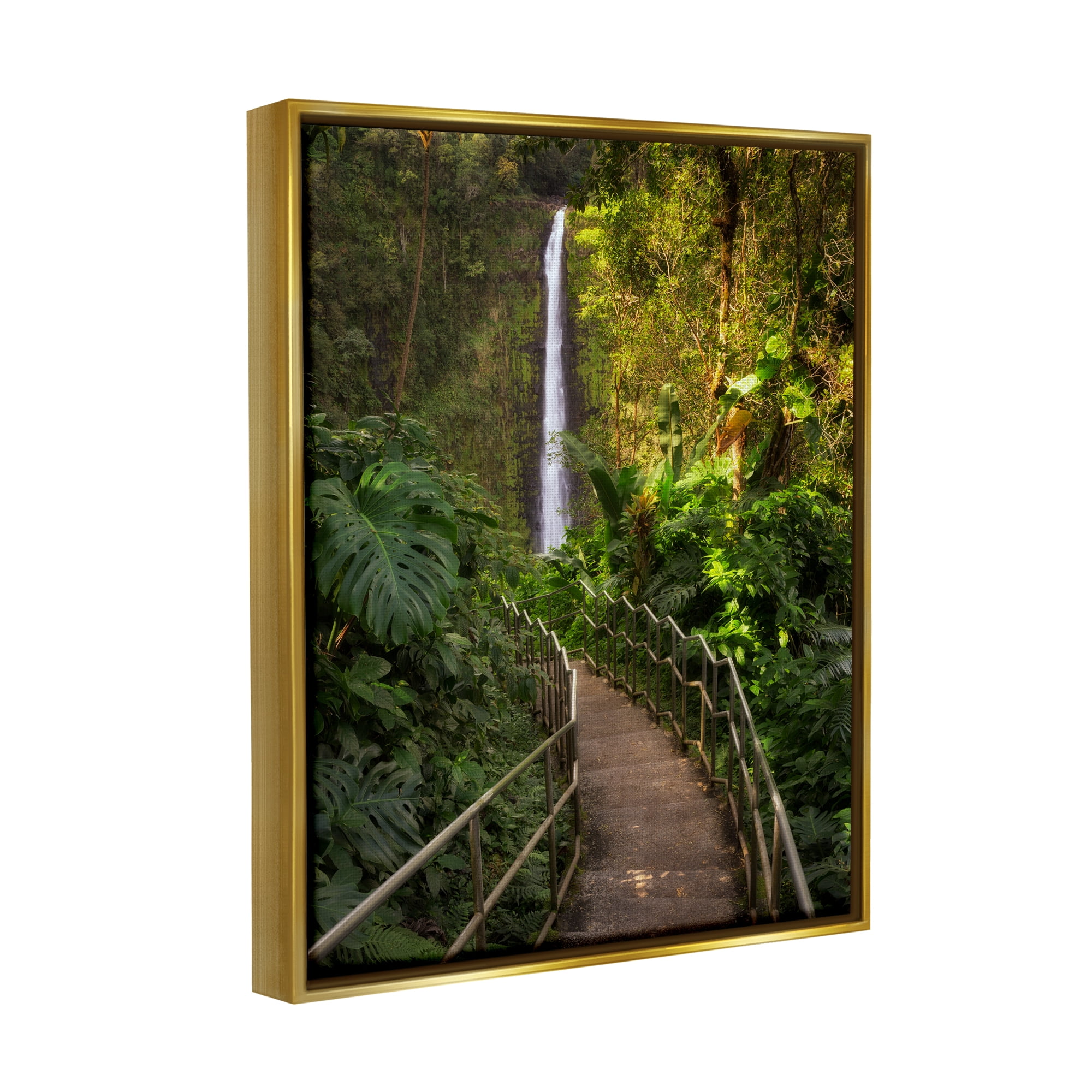 Stupell Industries Lush Jungle Bridge Waterfall Landscape Photography Gold Floater Framed Art Print Wall Art