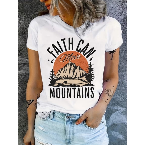 Faith Can Move Mountain Print T-shirt, Casual Crew Neck Short Sleeve Top, Women's Clothing
