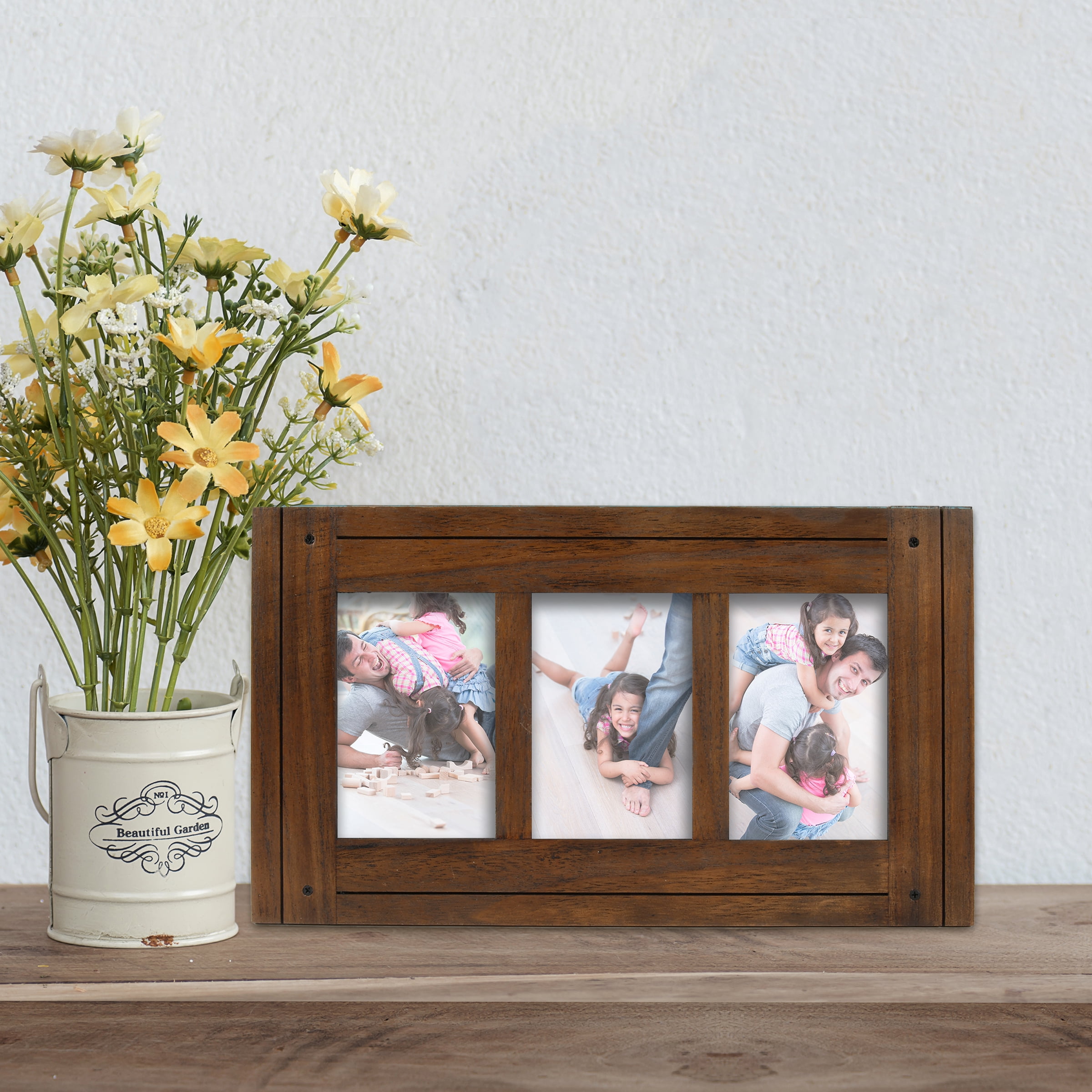 Prinz Homestead 3-Opening Collage Picture Frame, Tabletop or Wall Display for 4x6 Photos, Distressed Walnut Frame