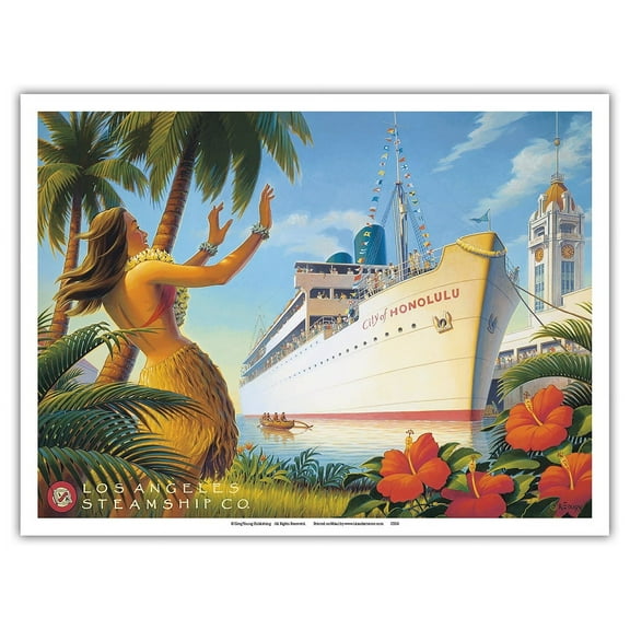 Aloha Towers - S.S. City of Honolulu - Los Angeles Steamship Company - Boat Day - Vintage Ocean Liner Travel Poster by Kerne Erickson - Master Art Print (Unframed) 9in x 12in