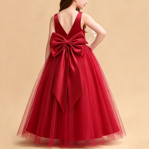 Girls Princess Dresses Cozy Satin Tulle,V Neck Back Big Bow Floor Length Wedding Flower Party Pageant Gown Red 5-6Years