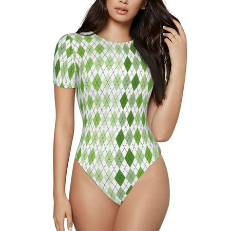 Uemuo Light green argyle Pattern Women s One Piece Short Sleeve Swimsuit Rash Guard Surfing Modest Quick-drying Swimsuit Beach Essentials-XX-Large