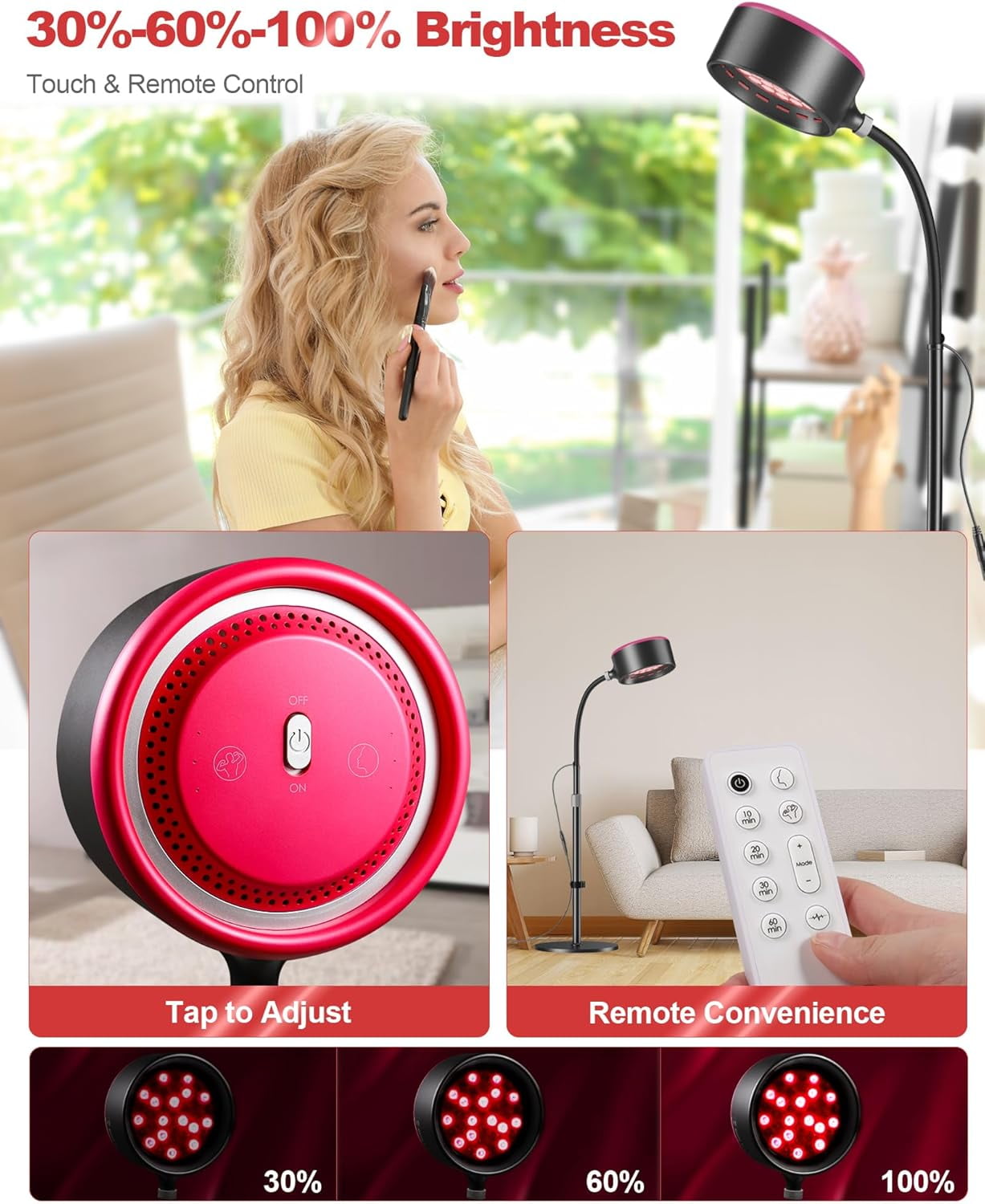 Infrared Light  for Face Dual-Mode 660nm & 850nm Near Infrared & Red Light Lamp for Skin Revitalization and Care with Adjustable Stand Remote & Touch Control Timer Eye Protection Glasses
