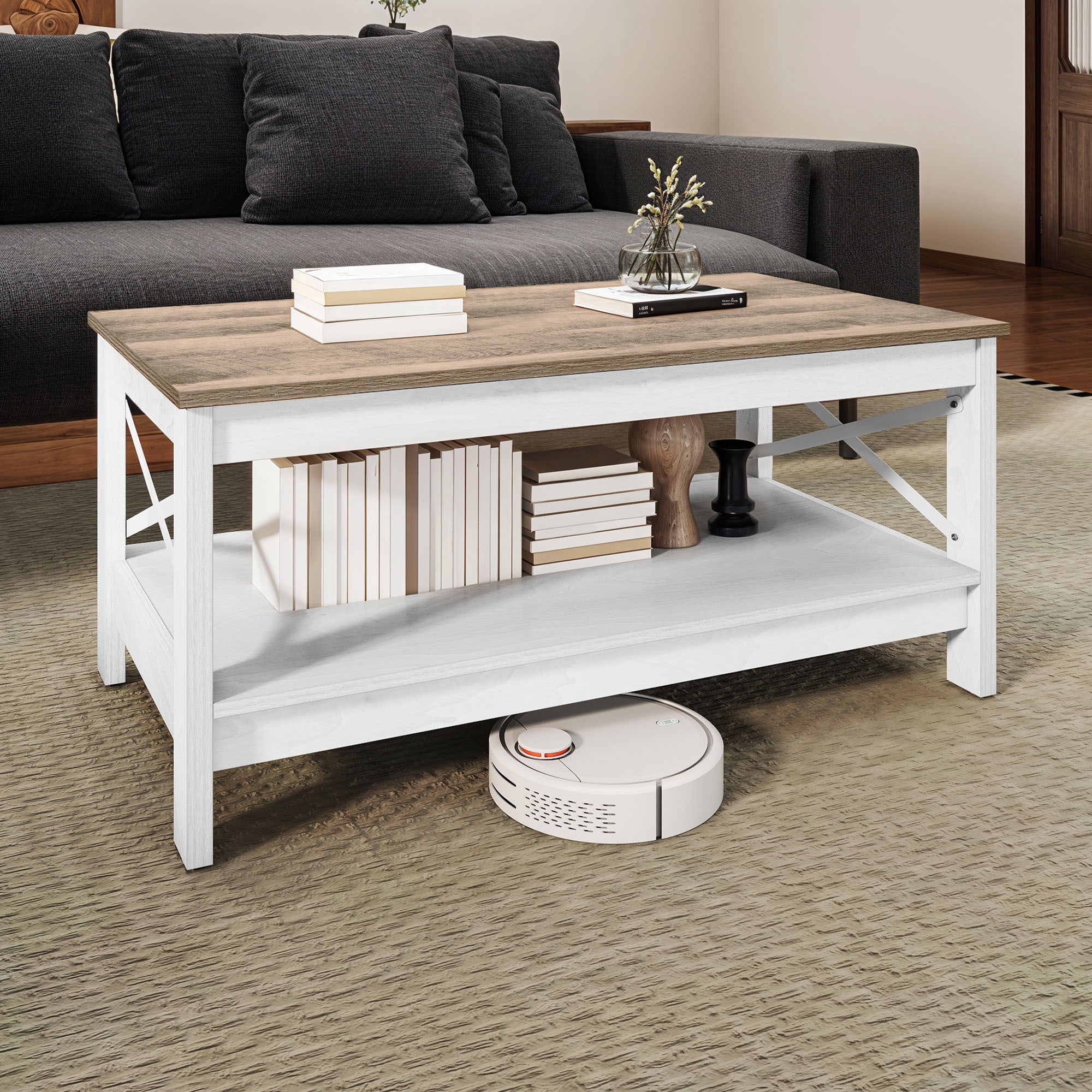 Uforic 39.4 Inch Rectangular Coffee Table with Side X-Support Frame, Thickened Legs & Floor Protection Footpads, Gray