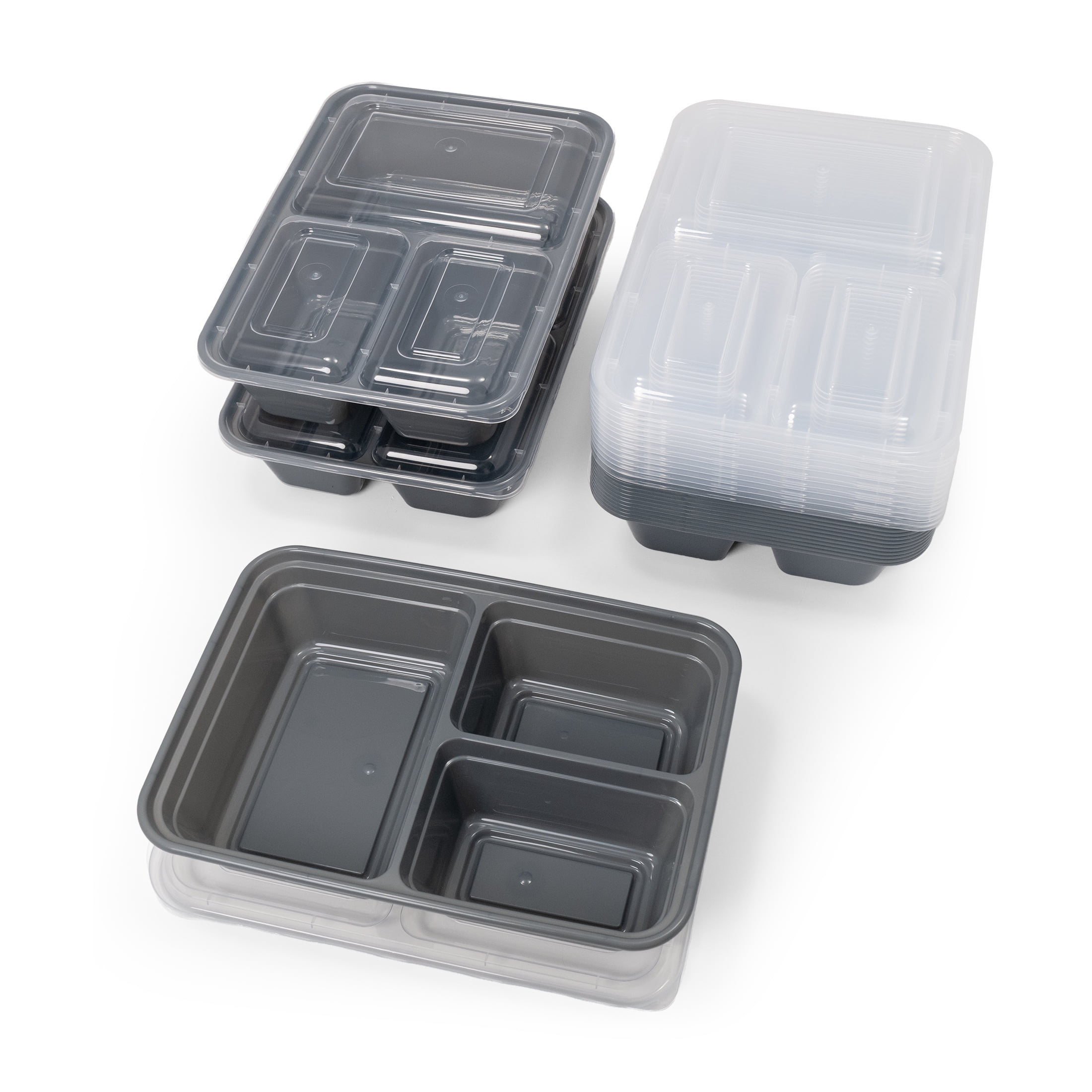Mainstays 15-Pack 3-Compartment BPA-Free Plastic Meal Prep Food Storage Containers, 0.9L, Soothing Grey
