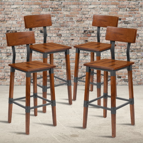 Emma Oliver 4 Pack Commercial Grade Rustic Walnut Industrial Style Wood Dining Barstool