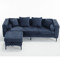 L Shaped Sectional Sofa, Convertible Storage Ottoman, Chenille, Square Arm, Modern Tufted Couch, 3 Seater and Nailhead (Blue)