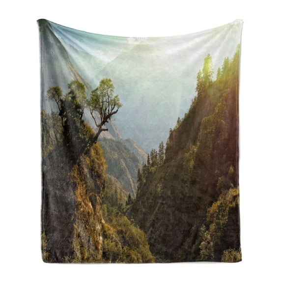 Landscape Soft Flannel Fleece Throw Blanket, Forest Nepal Himalaya Mountains Sunlight Majestic Scenery Nature Photo, Cozy Plush for Indoor and Outdoor Use, 50" x 60", Green Pale Yellow, by Ambesonne