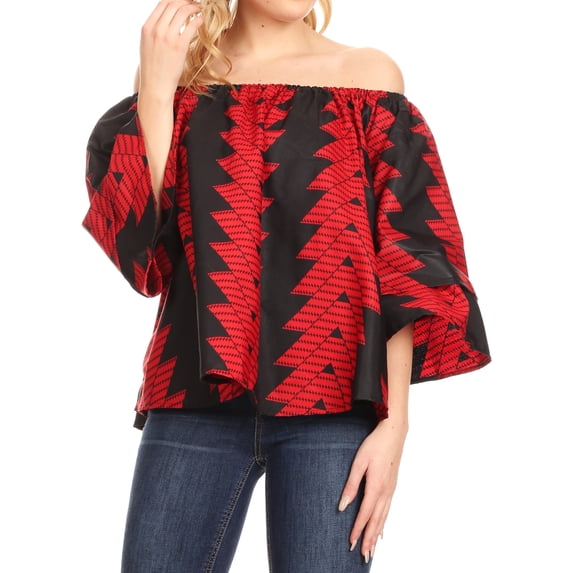 Sakkas Oni Women's Off the Shoulder African Ankara Wax Print Blouse Top Oversize - 114-RedBlack - One Size Regular