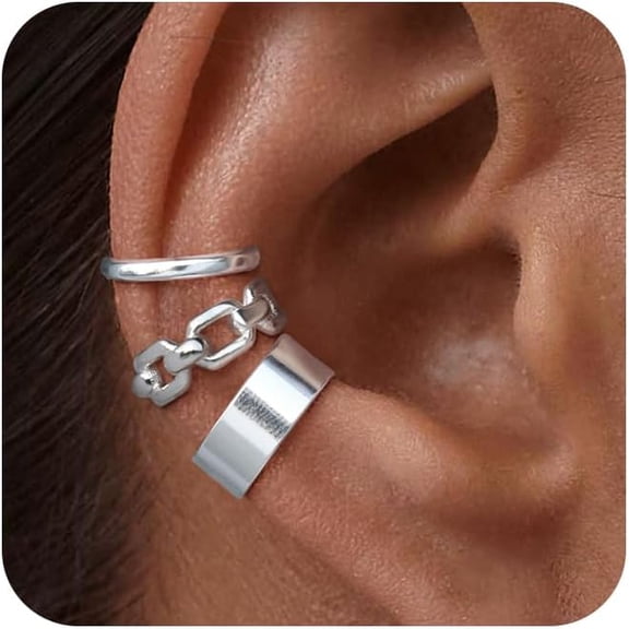 3Pcs Chunky/Thin Ear Cuff Non Piercing - Dainty 925 Sterling Silver Cubic Zirconia Huggie Cuffs Trendy Cuff Cartilage Earrings for Women Jewelry Gifts