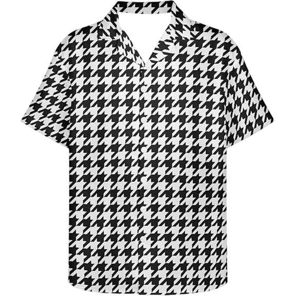 Norvella Mens Houndstooth Shirt Allover Pattern Notch Collar Short Sleeve Button Front Relaxed Fit Straight Hem Casual Vacation Top