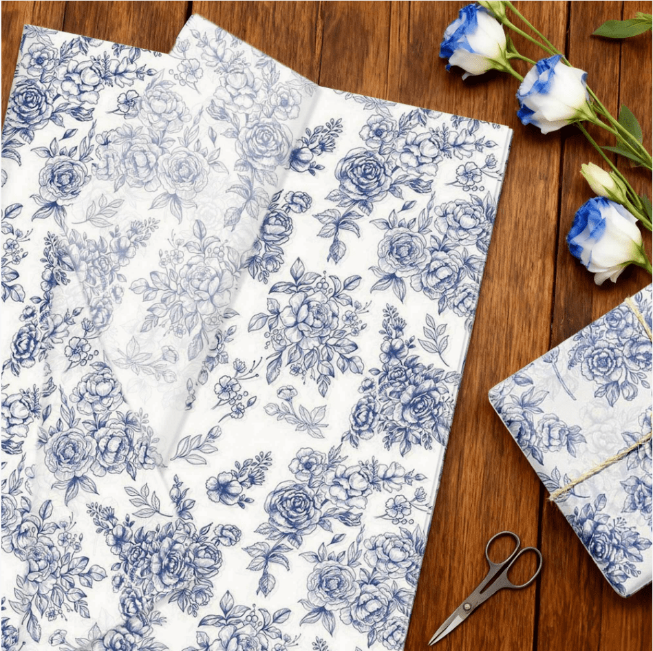 Blue Floral Tissue Paper - Vintage Elegant Hand-Painted Flower Design for Party Decor & Gift Wrapping