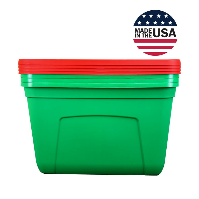 SIMPLYKLEEN 18-Gallon Reusable Stacking Plastic Storage Containers with  Lids, Green/Red (Pack of 4),Holiday Organizer, Stackable Crafts Bins,  Nestable