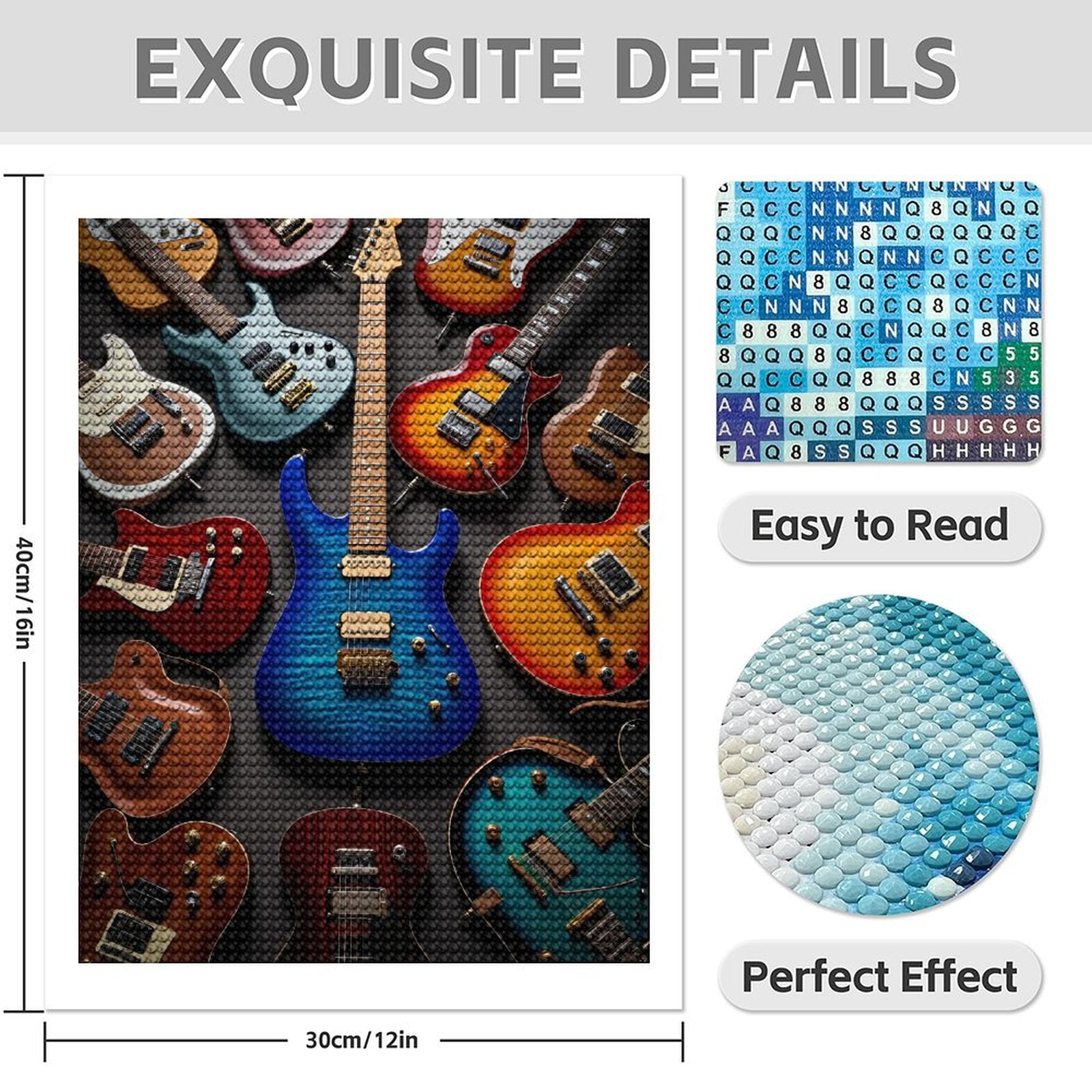 Diamond Art Kit for Adults, Vibrant Guitars Array Diamond Painting for Adults Beginners, DIY Diamond Art Painting Kits, 5D Diamond Painting Crafts for Home Decor 12x16 Frameless
