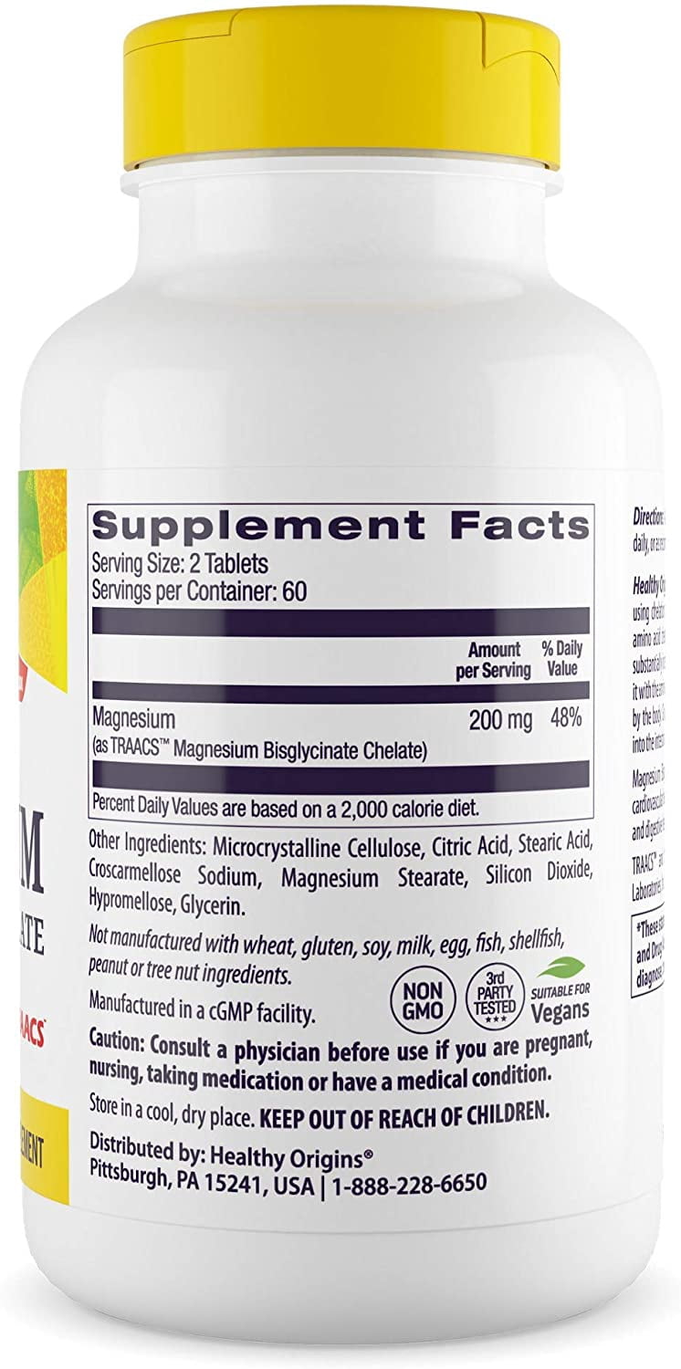 Healthy Origins Magnesium Bisglycinate Chelate (Albion Minerals, Non-GMO, Gluten Free, Cardiovascular Support, Bone Support, Neurological Support, Vegan), 120 Tablets