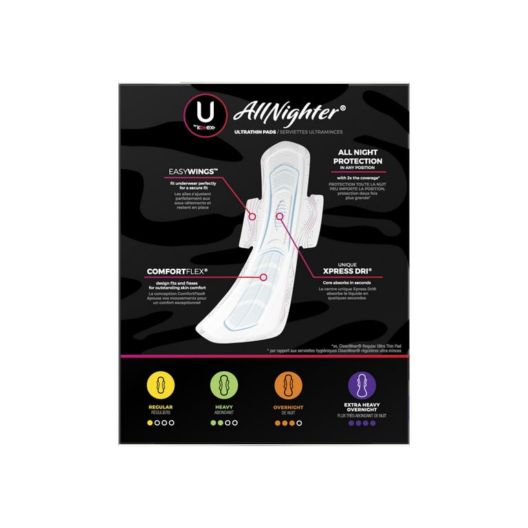 U by Kotex AllNighter Extra Heavy Overnight Pads with Wings, Ultra Thin, 28  Count 
