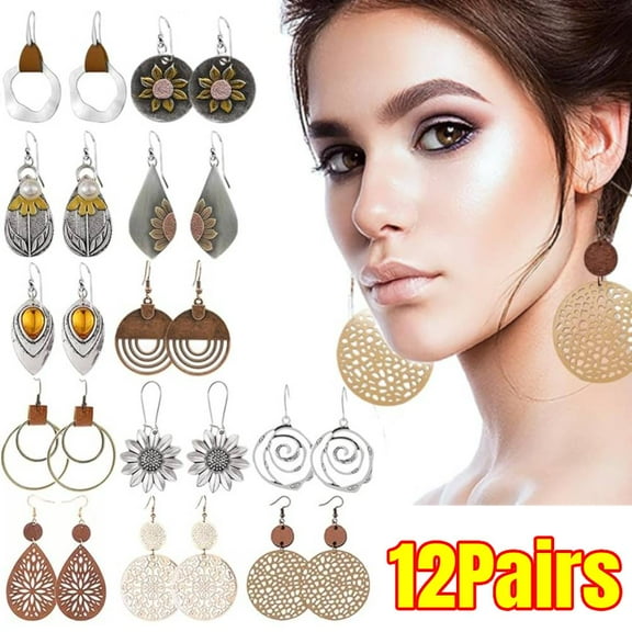 12 Pairs Boho Vintage Geometric Round Earrings Wooden Leather Ethnic Style Vintage Sunflower Earrings Christmas for Women
