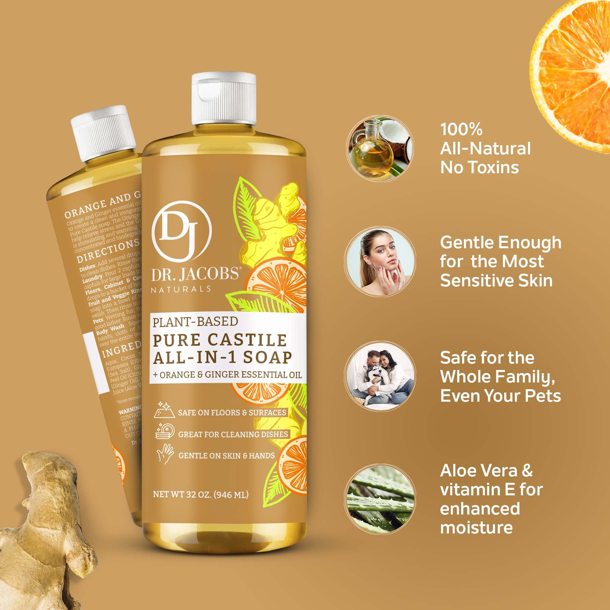 Dr. Jacobs Naturals Orange & Ginger Castile Soap All-In-One Cleaner Plant-Based Formula, 32 Fl. Oz. 3-Pack