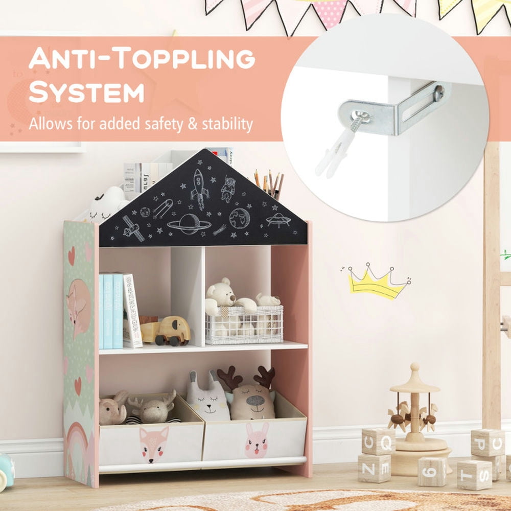 Topcobe Playhouse Kids Bookshelf with Chalkboard and Whiteboard for 3-6 Years, Kids Furniture for Living Room Bedroom-Pink