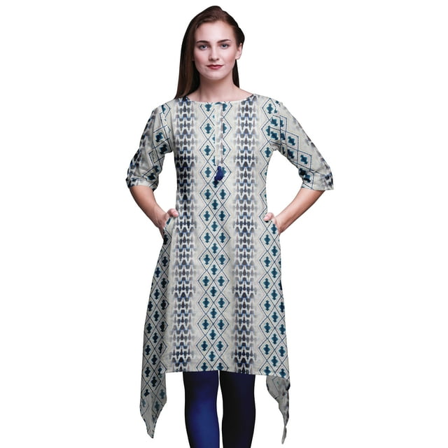 Bimba Hauts Imprimés Ikat Shibori Bleus pour Femmes Kurti Asymétrique Robe d'Été pour Filles XSmall
