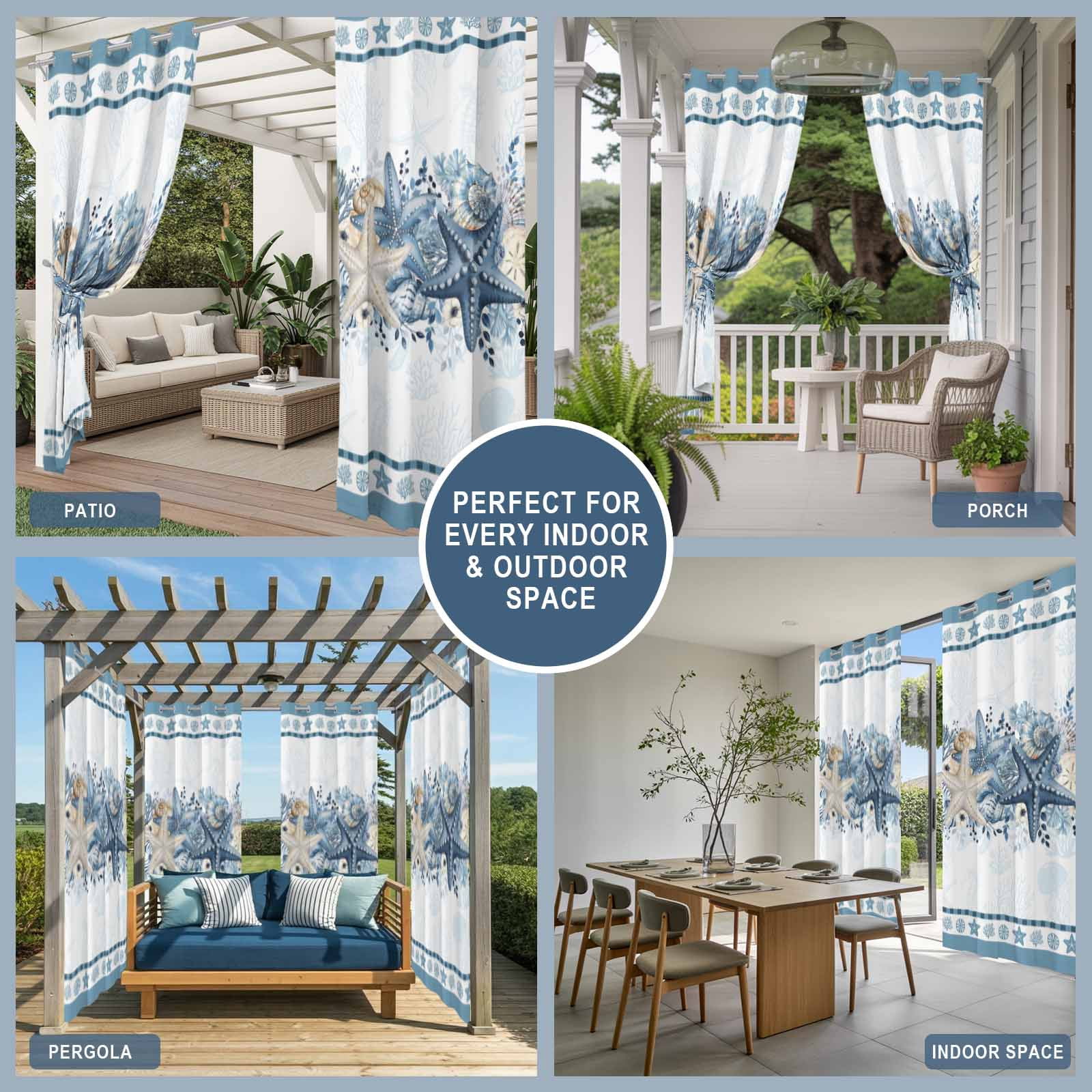 Blue Starfish Coastal Outdoor Curtains for Patio, Ocean Beach Coral Nautical Botanical Sunshade Privacy Drapes Grommet Waterproof Outside Curtains for Porch/Cabana/Balcony 54"x 108", 1 Panel
