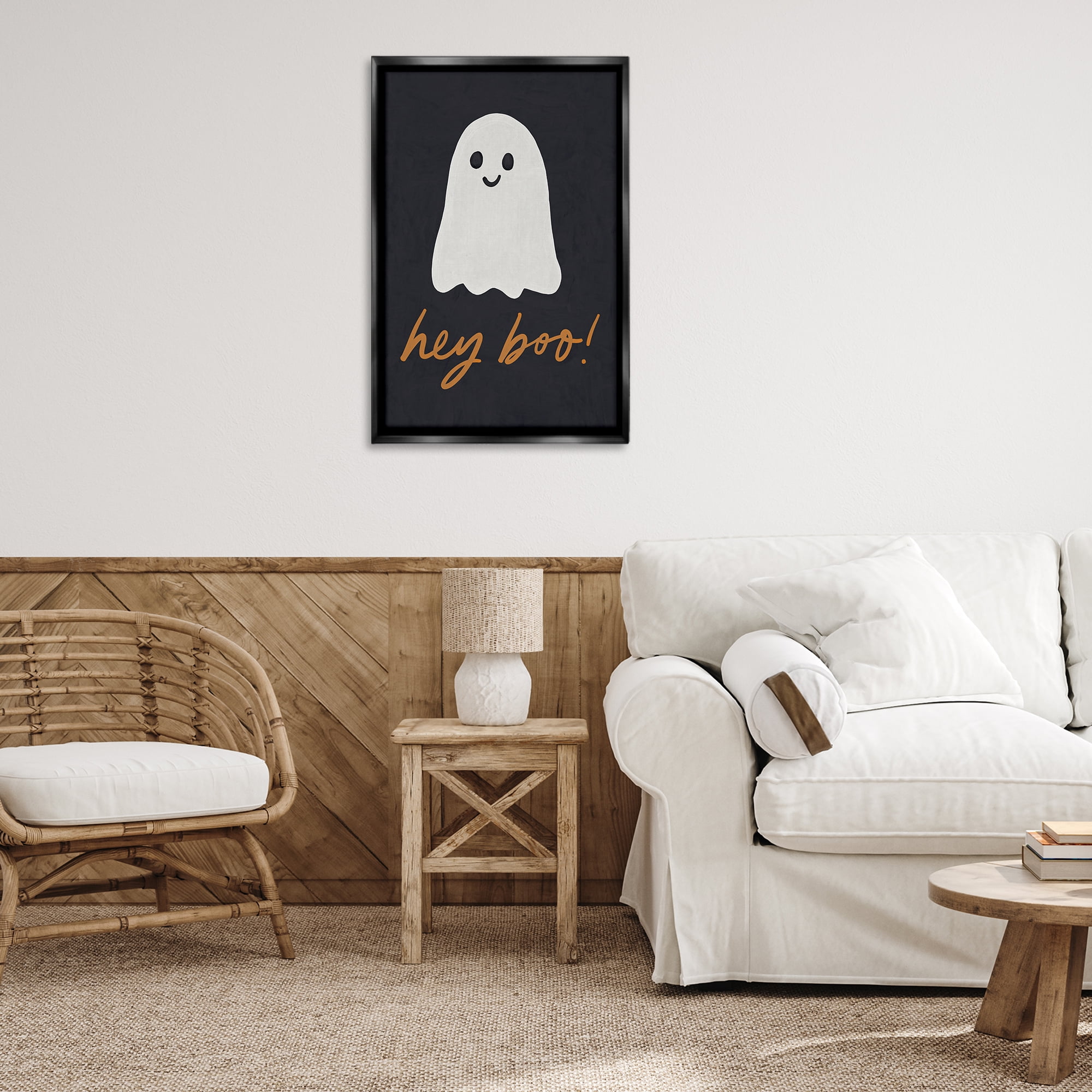Stupell Industries Hey Boo Spooky Ghost Holiday Painting Black Floater Framed Canvas Art Print Wall Art, 21 x 31