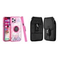 thumbnail image 1 of Bemz Ring Series Case for iPhone 14 Plus (TPU Silicone Cover with Magnetic Stand) and Vertical Nylon Buckle Belt Holster Pouch - Pink on Purple Marble, 1 of 9