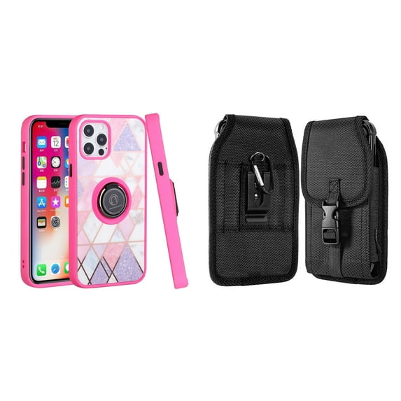 Bemz Ring Series Case for iPhone 14 Plus (TPU Silicone Cover with Magnetic Stand) and Vertical Nylon Buckle Belt Holster Pouch - Pink on Purple Marble