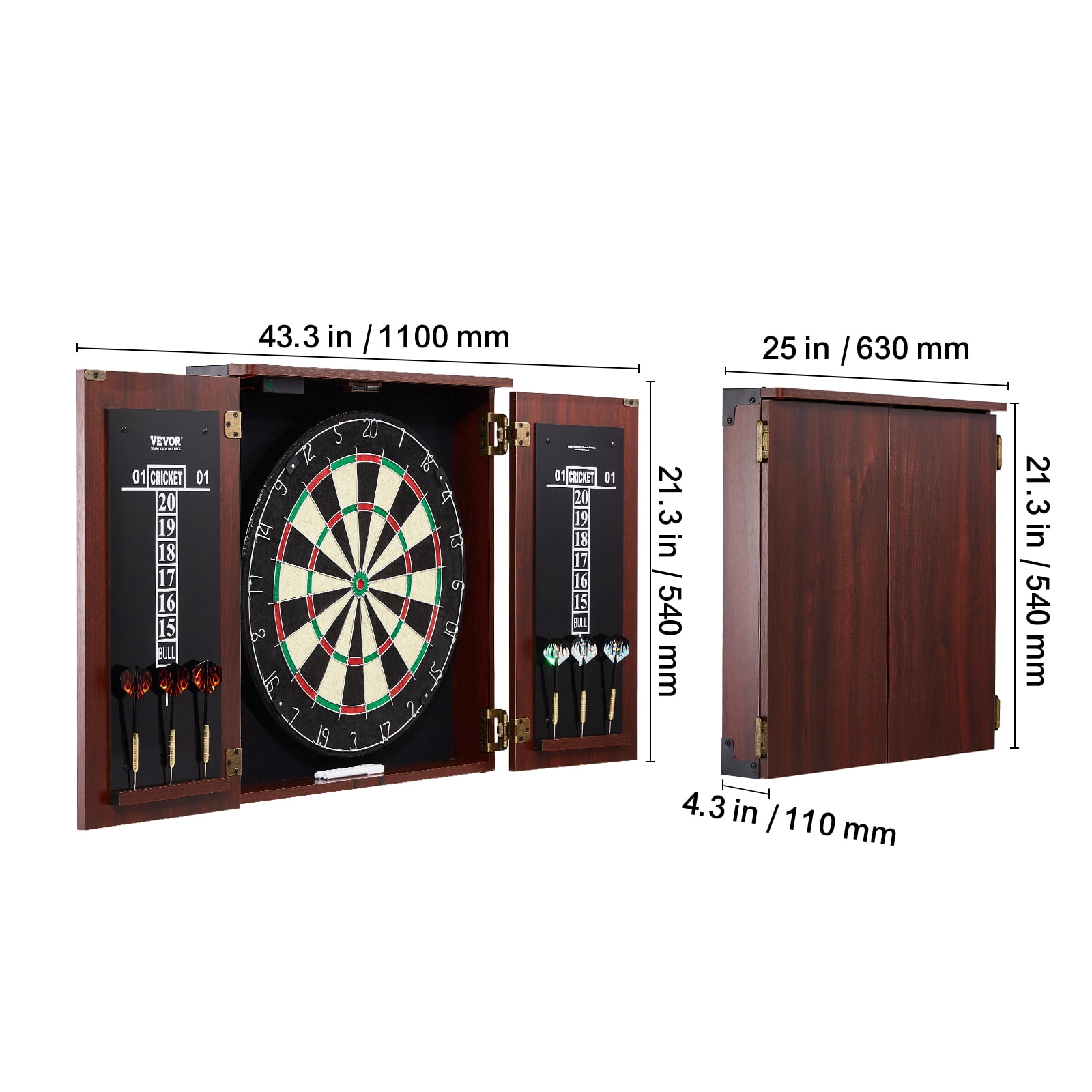 VEVOR Dartboard and Cabinet Set, Ready-to-Play Bundle Official Size Dartboard Cabinet, Steel Tip Dart Hideaway Cabinet, Features LED Light, Easy Assembly,Complete with All Accessory,for Cricket Game