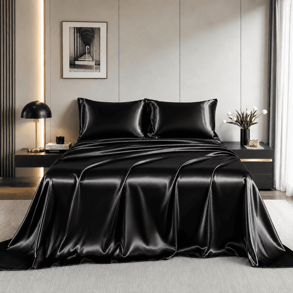 Yalamila Satin Sheet Set Queen Size, Black 4 Pcs, Luxury Cooling Silky Soft 4 Pieces Bed Sheet Set with Deep Pocket Fitted Sheet, Flat Sheet and 2 Pillowcase for Hair and Skin