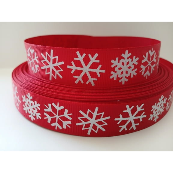 Grosgrain Ribbon Printed Christmas Large White Snowflakes on Red, 3 Yards 7/8 Inch Wide