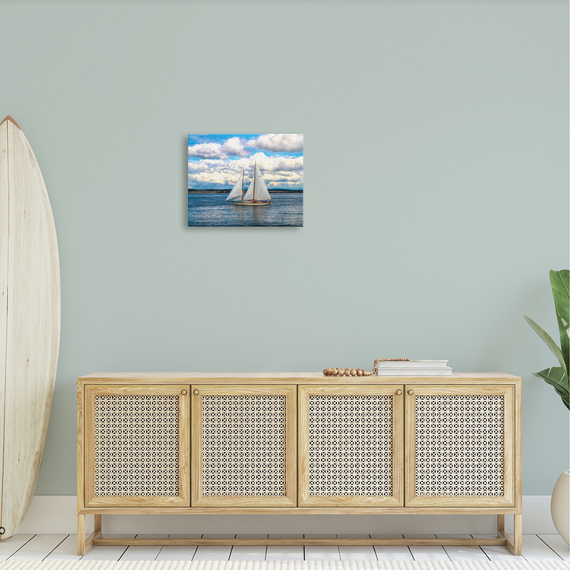 Stupell Industries Quaint Sailboat Floating Ocean Fluffy White Clouds Canvas Wall Art, 48 x 36, Design by Nan