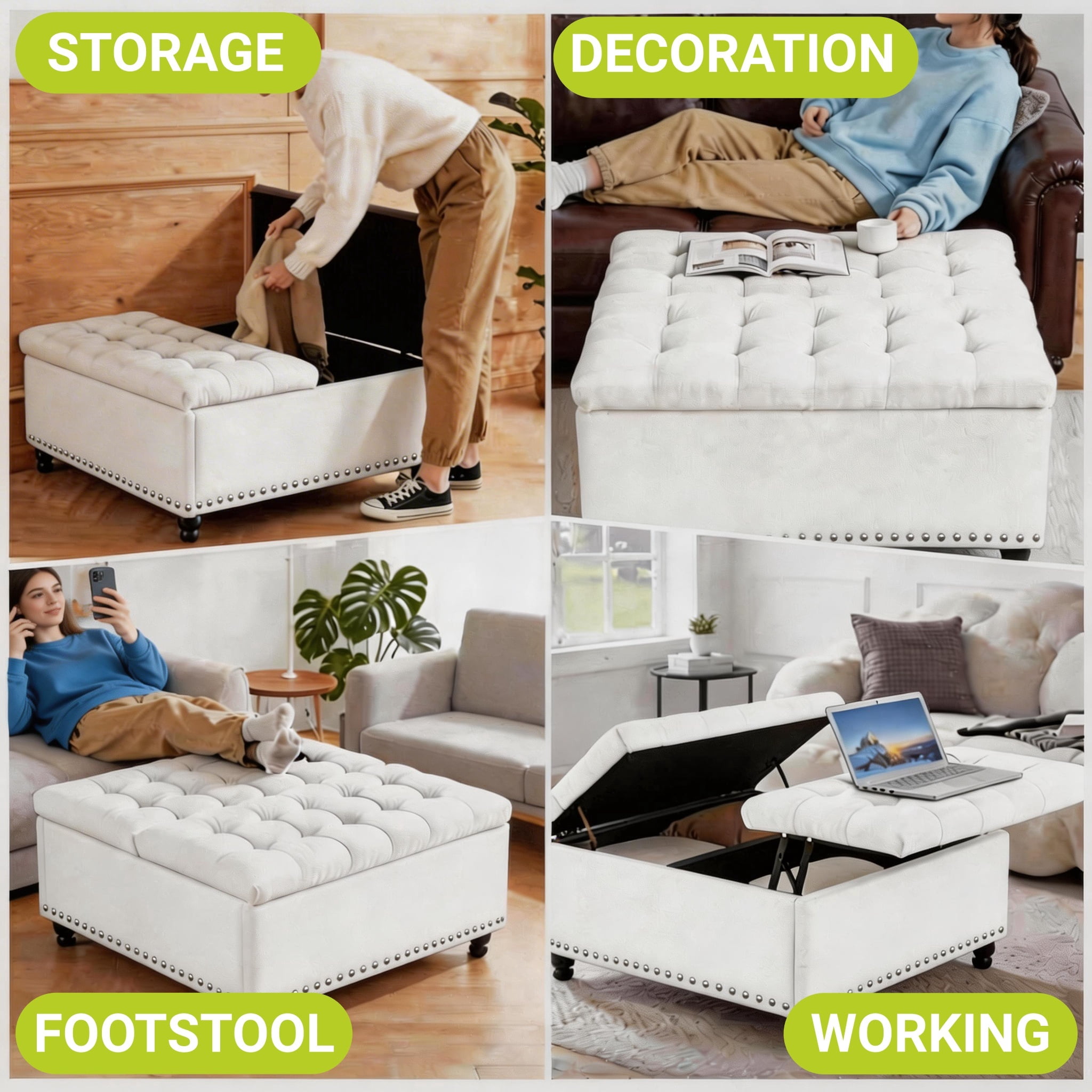 Haewon 34 inch Extra Large Storage Ottoman Coffee Table, No Assembly Required, Oversized Square Ottoman with Storage, Tufted Upholstered Ottomans Coffee Table for Living Room ,Fabric, White