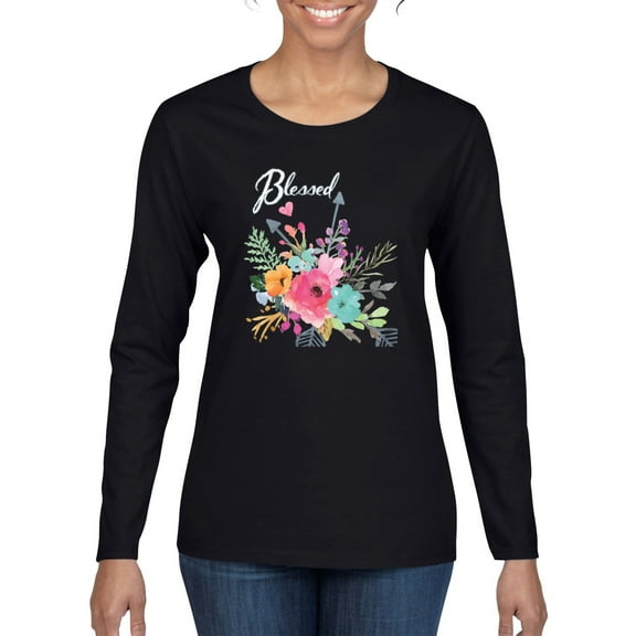 Wild Bobby, Cute Hearts and Flowers Blessed, Inspirational/Christian, Women Graphic Long Sleeve Tee, Black, Small