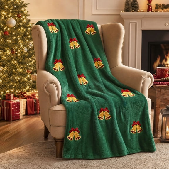 WWC Christmas Throw Blanket, 39" x 27" Golden Bell Soft Fuzzy Flannel Throw Blanket, Cozy Plush Christmas Decorations for Holiday Party Couch Bed