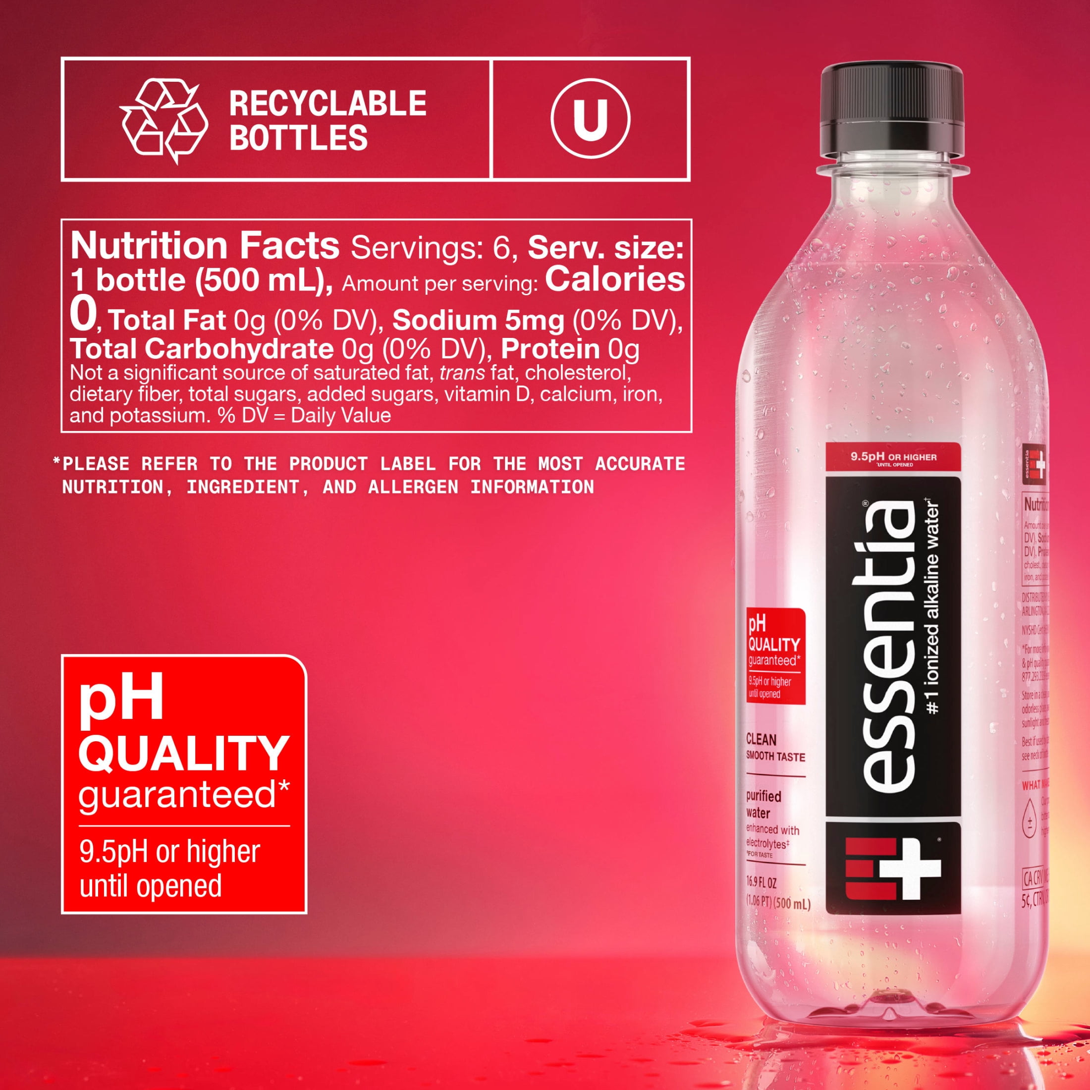 Essentia Ionized Alkaline Water, 9.5 PH until opened, 99.9% Pure, Bottled Water, 6PK 0.252 fl oz