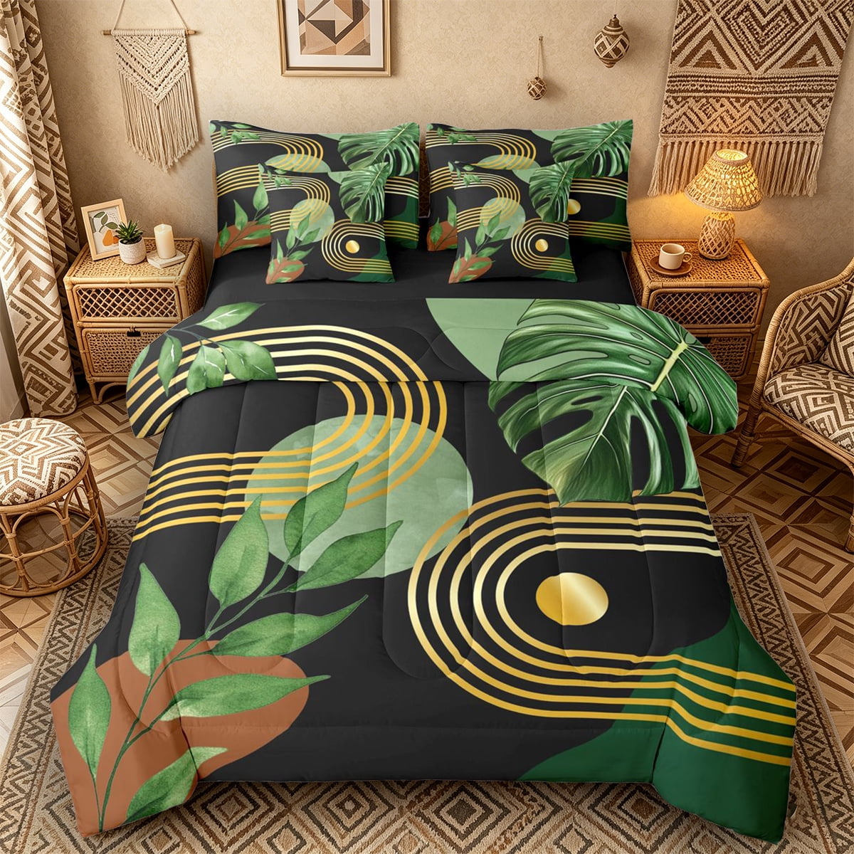 Castle Fairy Boho Tropical Leaf Bedding Comforter Set 7pcs for Kids Geometric Print Queen Bedding Sets for Bedroom Green Black Black Reversible