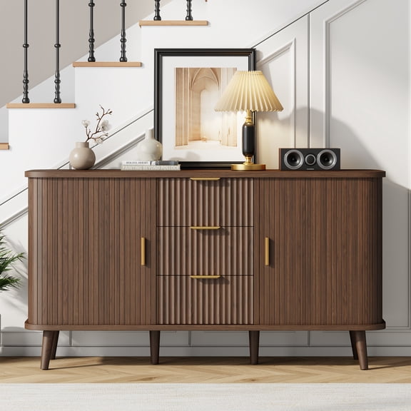 Aufeile Sideboard Buffet Cabinet, 55" Storage Cabinet with 3 Drawers and Adjustable Shelves, Modern Accent Cabinet for Kitchen, Dining Living Room, Entryway, Hallway, Walnut